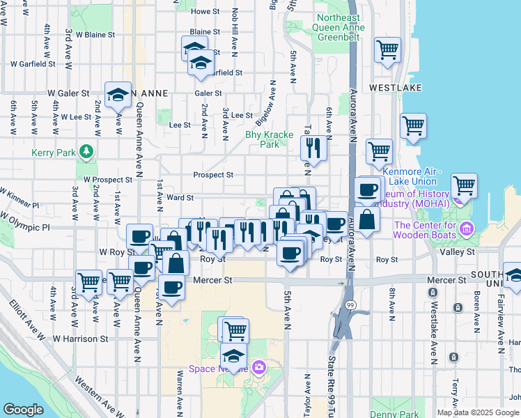 map of restaurants, bars, coffee shops, grocery stores, and more near 60 4th Avenue North in Seattle