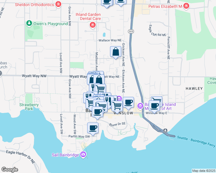 map of restaurants, bars, coffee shops, grocery stores, and more near 156 Madrona Way Northeast in Bainbridge Island