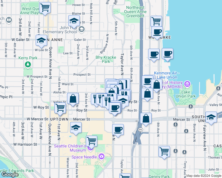 map of restaurants, bars, coffee shops, grocery stores, and more near 1000 5th Avenue North in Seattle