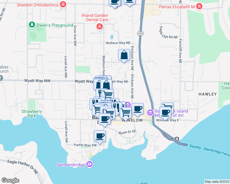 map of restaurants, bars, coffee shops, grocery stores, and more near 405 Madrona Way Northeast in Bainbridge Island