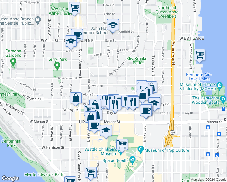 map of restaurants, bars, coffee shops, grocery stores, and more near 216 Aloha Street in Seattle