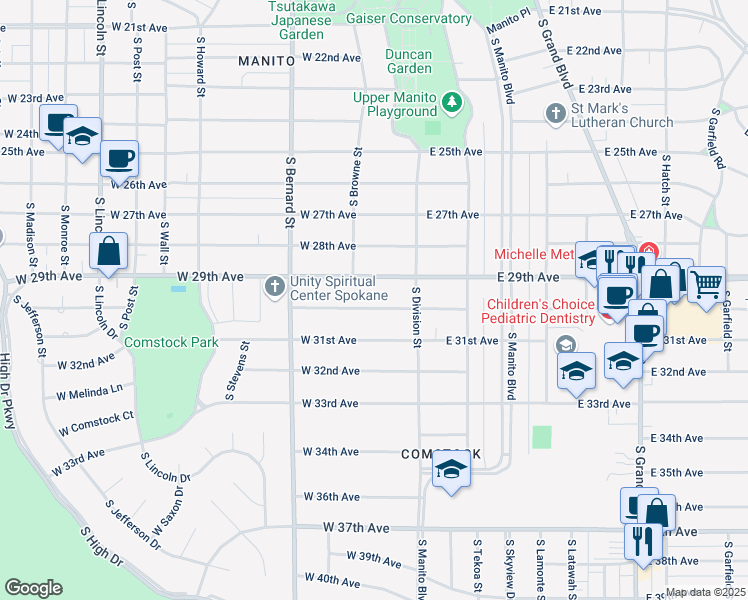 map of restaurants, bars, coffee shops, grocery stores, and more near 25 West 29th Avenue in Spokane