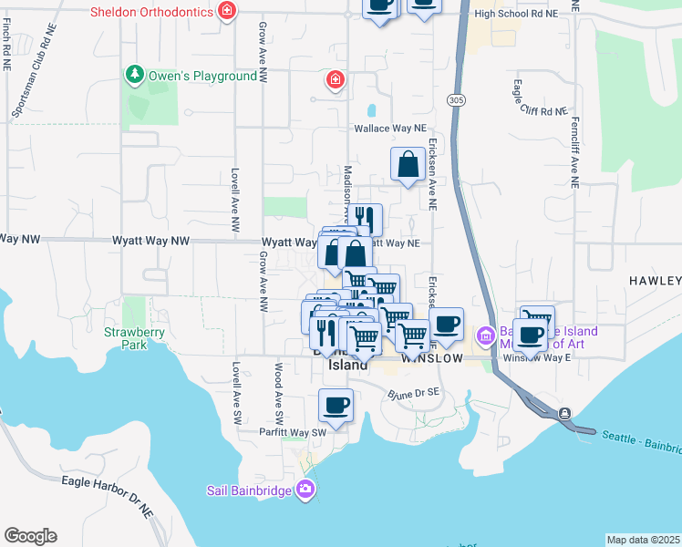 map of restaurants, bars, coffee shops, grocery stores, and more near 403 Madison Avenue North in Bainbridge Island