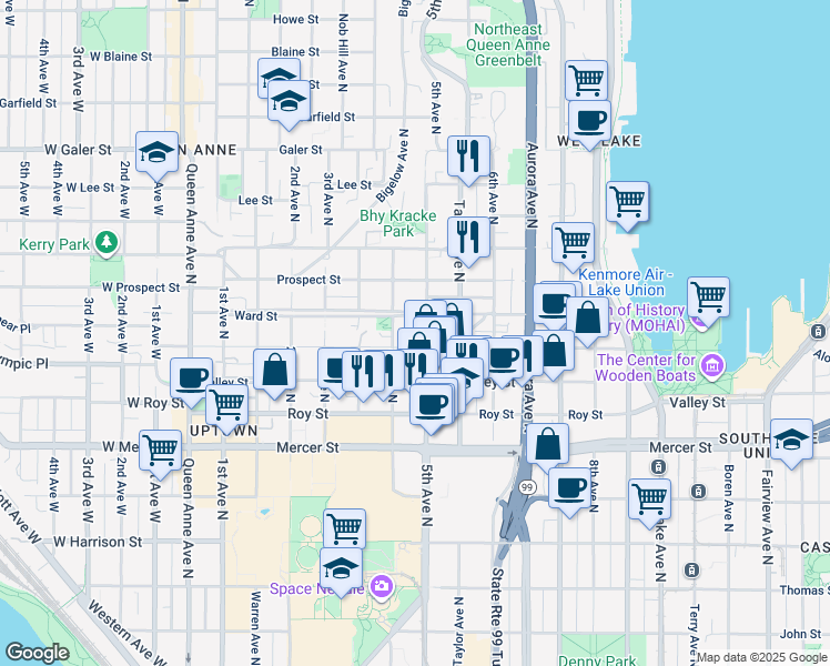 map of restaurants, bars, coffee shops, grocery stores, and more near 1000 5th Avenue North in Seattle