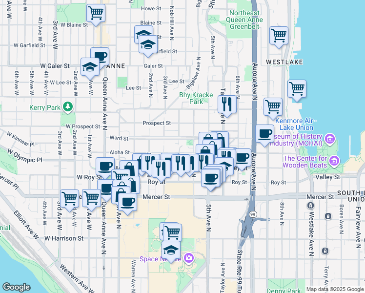 map of restaurants, bars, coffee shops, grocery stores, and more near 323 Ward Street in Seattle
