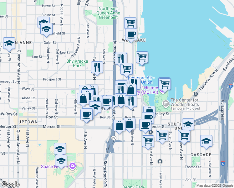 map of restaurants, bars, coffee shops, grocery stores, and more near 1000 Aurora Avenue North in Seattle