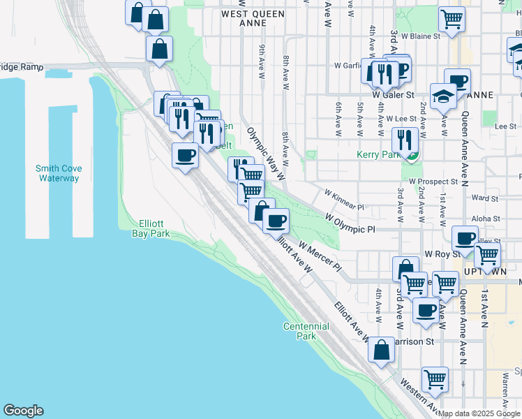 map of restaurants, bars, coffee shops, grocery stores, and more near 942 Elliott Avenue West in Seattle