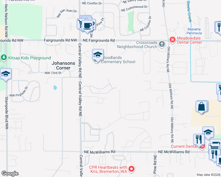 map of restaurants, bars, coffee shops, grocery stores, and more near 7135 Brunswick Place Northeast in Bremerton
