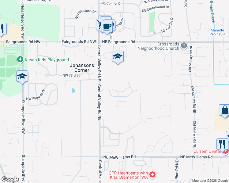 map of restaurants, bars, coffee shops, grocery stores, and more near 154 Northeast Miramar Circle in Bremerton