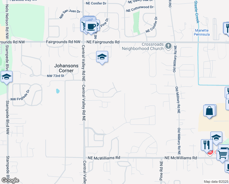 map of restaurants, bars, coffee shops, grocery stores, and more near 281 Northeast Miramar Circle in Bremerton