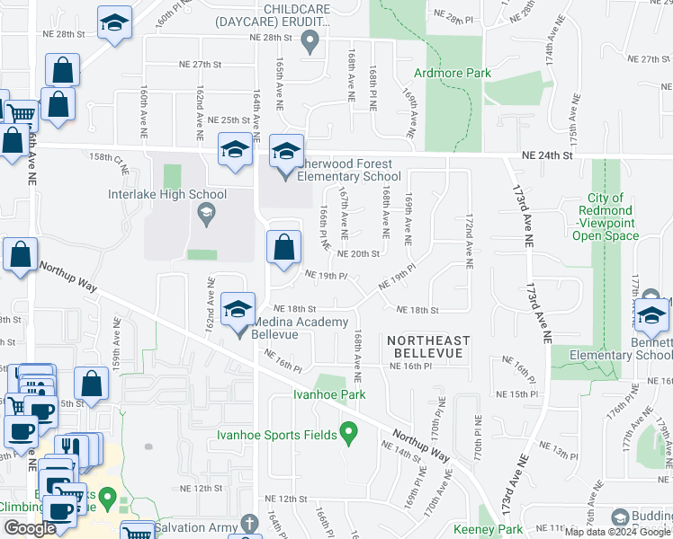 map of restaurants, bars, coffee shops, grocery stores, and more near 16622 Northeast 19th Place in Bellevue