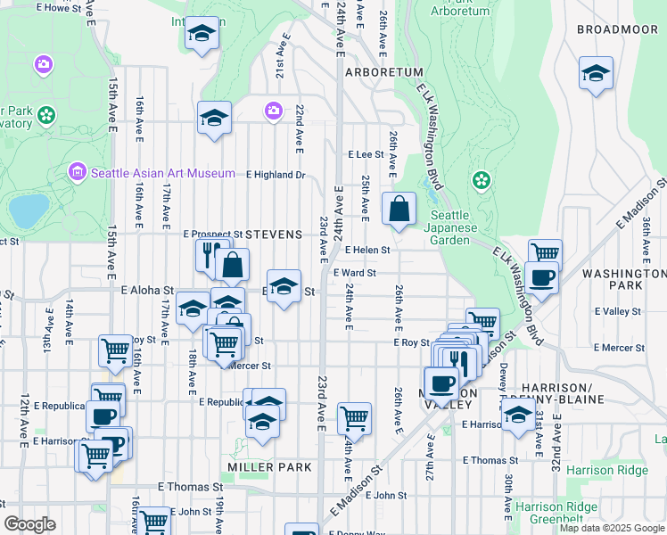 map of restaurants, bars, coffee shops, grocery stores, and more near 1017 23rd Avenue East in Seattle