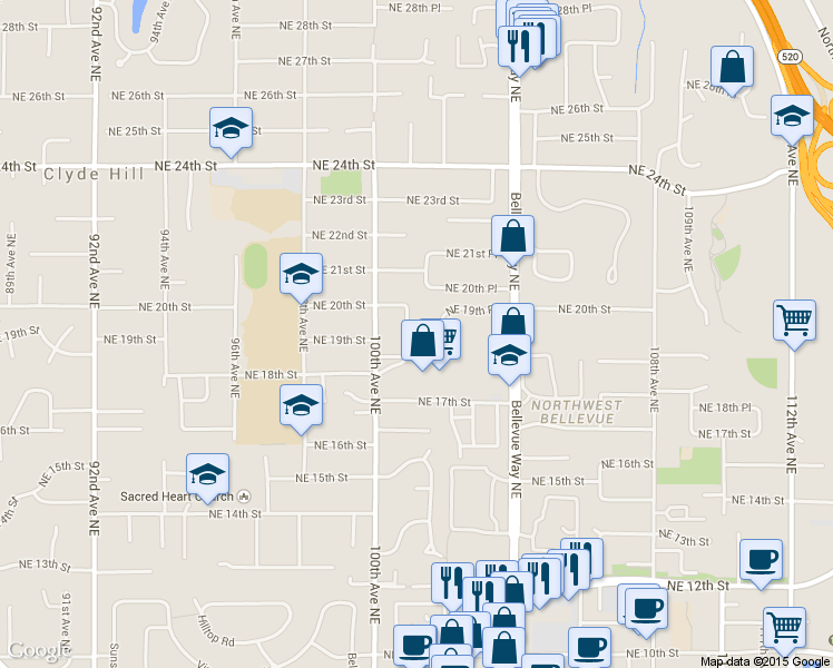 map of restaurants, bars, coffee shops, grocery stores, and more near 1820 101st Avenue Northeast in Bellevue
