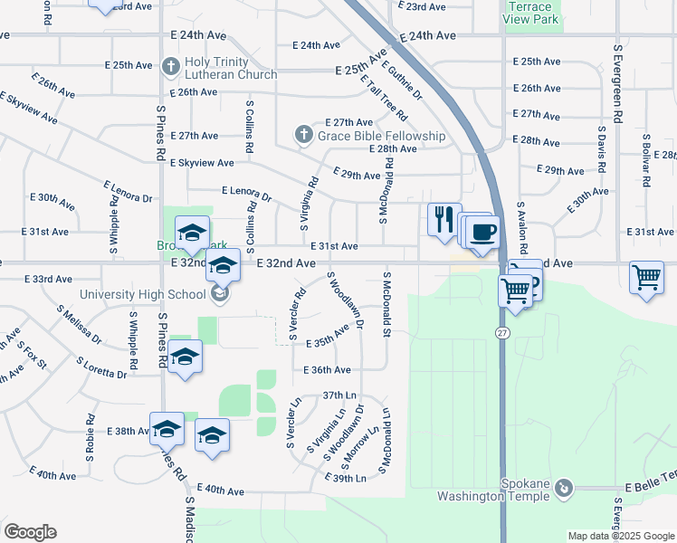 map of restaurants, bars, coffee shops, grocery stores, and more near 12918 East 31st Avenue in Spokane Valley