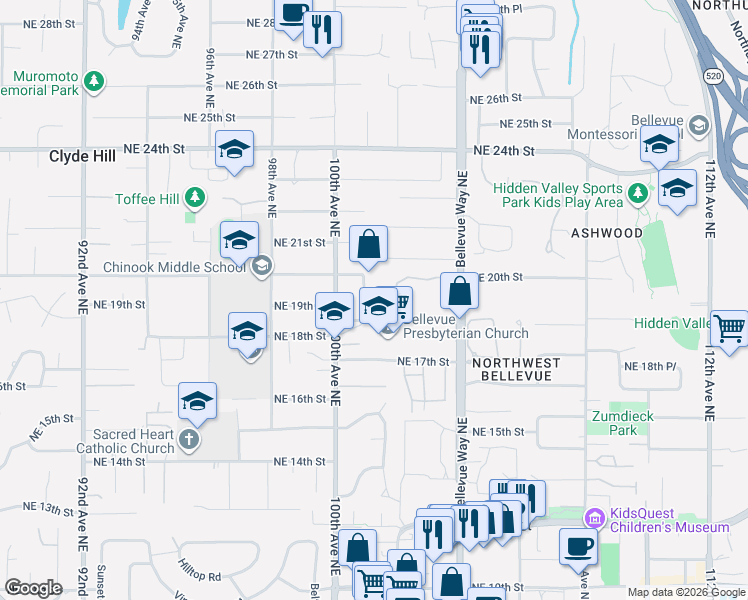 map of restaurants, bars, coffee shops, grocery stores, and more near 1871 Bellevue Way Northeast in Bellevue