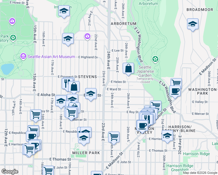 map of restaurants, bars, coffee shops, grocery stores, and more near 2411 East Helen Street in Seattle