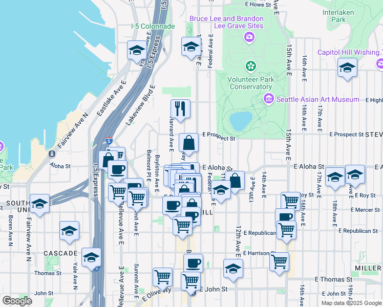 map of restaurants, bars, coffee shops, grocery stores, and more near 921 10th Avenue East in Seattle