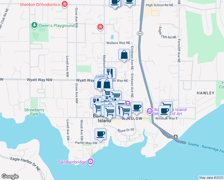 map of restaurants, bars, coffee shops, grocery stores, and more near 156 Madrona Way Northeast in Bainbridge Island