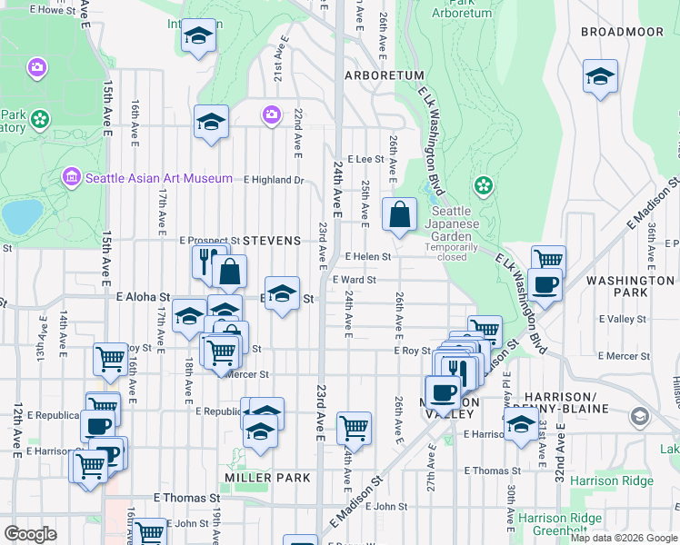 map of restaurants, bars, coffee shops, grocery stores, and more near 2411 East Helen Street in Seattle