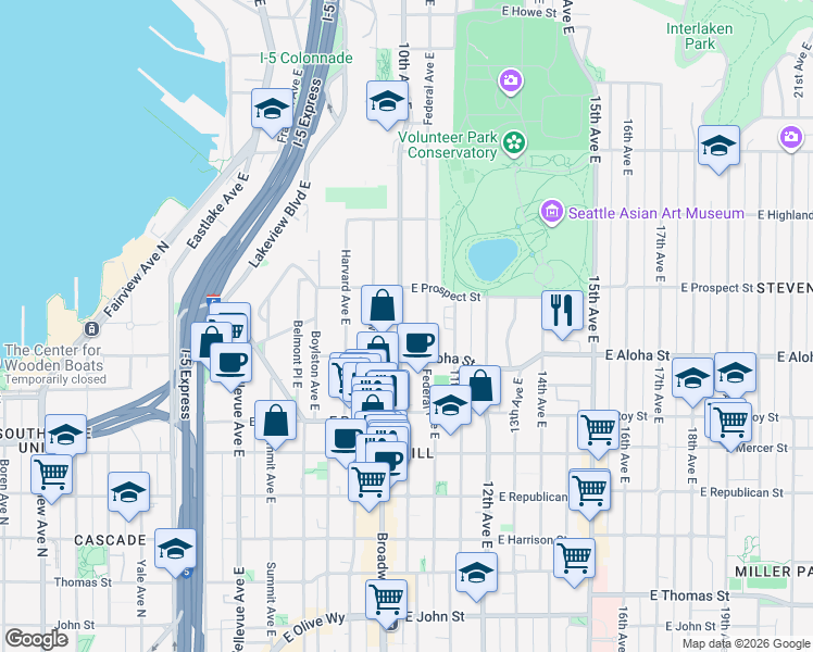 map of restaurants, bars, coffee shops, grocery stores, and more near 921 10th Avenue East in Seattle