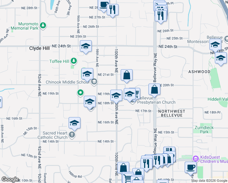 map of restaurants, bars, coffee shops, grocery stores, and more near 9888 Northeast 19th Street in Bellevue