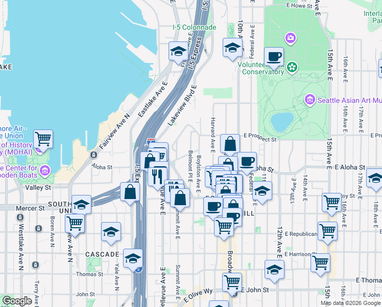 map of restaurants, bars, coffee shops, grocery stores, and more near Bellevue Place East & Belmont Place East in Seattle