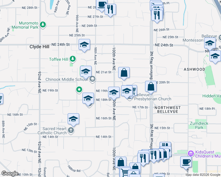 map of restaurants, bars, coffee shops, grocery stores, and more near 9888 Northeast 19th Street in Bellevue