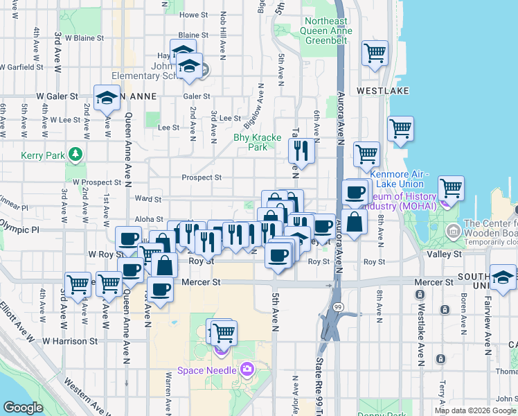 map of restaurants, bars, coffee shops, grocery stores, and more near 60 4th Avenue North in Seattle