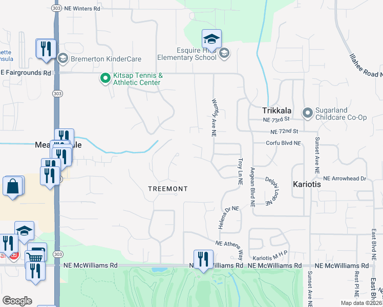 map of restaurants, bars, coffee shops, grocery stores, and more near 2512 Northeast Sheffield Place in Bremerton