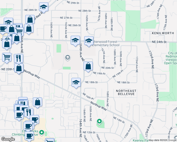 map of restaurants, bars, coffee shops, grocery stores, and more near 16422 Northeast 19th Street in Bellevue