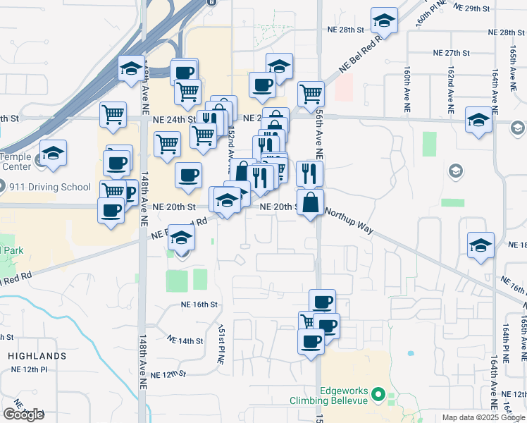 map of restaurants, bars, coffee shops, grocery stores, and more near 15238 Bel-Red Road in Bellevue