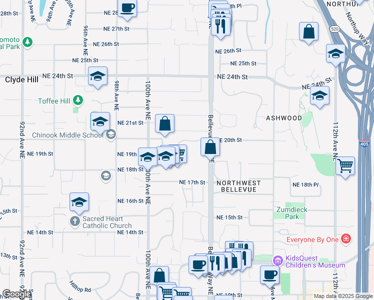 map of restaurants, bars, coffee shops, grocery stores, and more near 10213 Northeast 19th Place in Bellevue