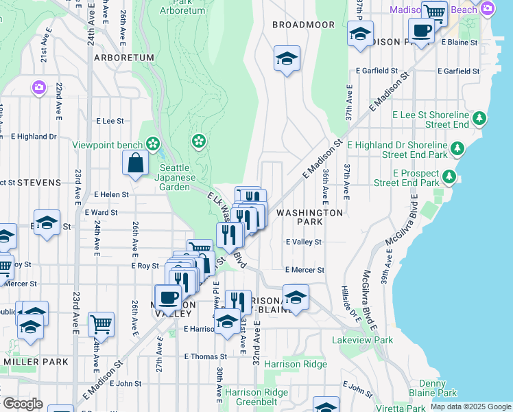 map of restaurants, bars, coffee shops, grocery stores, and more near 1016 32nd Avenue East in Seattle