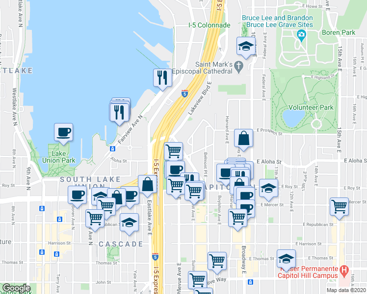 map of restaurants, bars, coffee shops, grocery stores, and more near 1022 Belmont Avenue East in Seattle