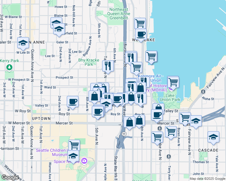 map of restaurants, bars, coffee shops, grocery stores, and more near 610 Ward Street in Seattle