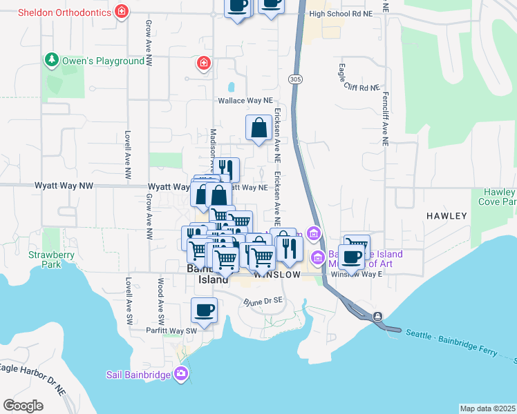 map of restaurants, bars, coffee shops, grocery stores, and more near 508 Madrona Way Northeast in Bainbridge Island