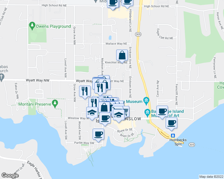 map of restaurants, bars, coffee shops, grocery stores, and more near 156 Madrona Way Northeast in Bainbridge Island