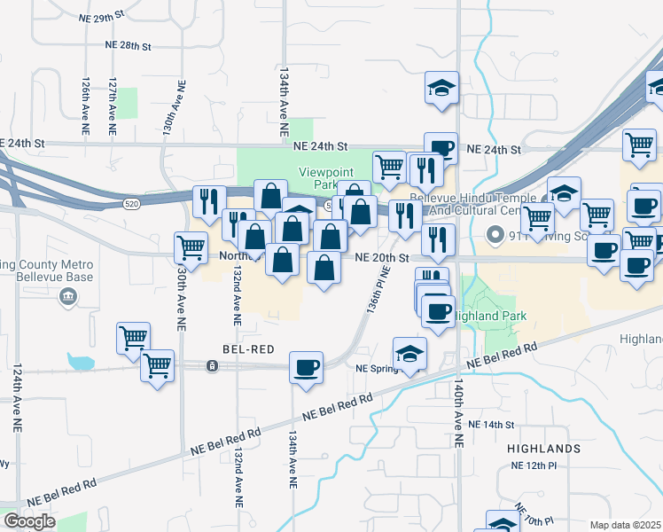 map of restaurants, bars, coffee shops, grocery stores, and more near 13433 Northeast 20th Street in Bellevue