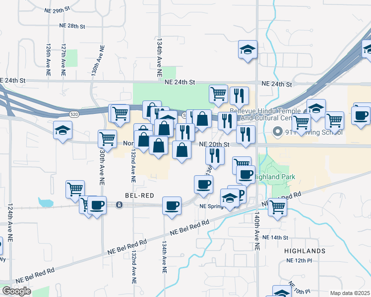 map of restaurants, bars, coffee shops, grocery stores, and more near 13433 Northeast 20th Street in Bellevue