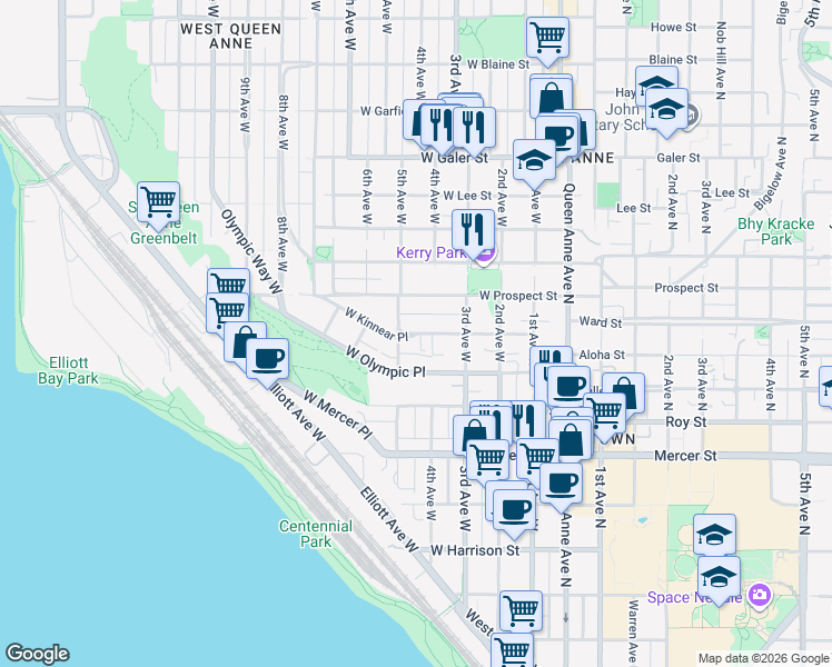 map of restaurants, bars, coffee shops, grocery stores, and more near West Kinnear Place in Seattle