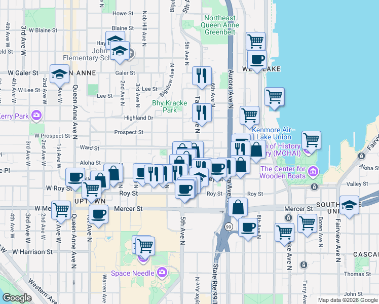 map of restaurants, bars, coffee shops, grocery stores, and more near 1000 5th Avenue North in Seattle