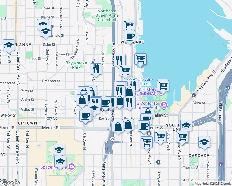 map of restaurants, bars, coffee shops, grocery stores, and more near 1000 Aurora Avenue North in Seattle