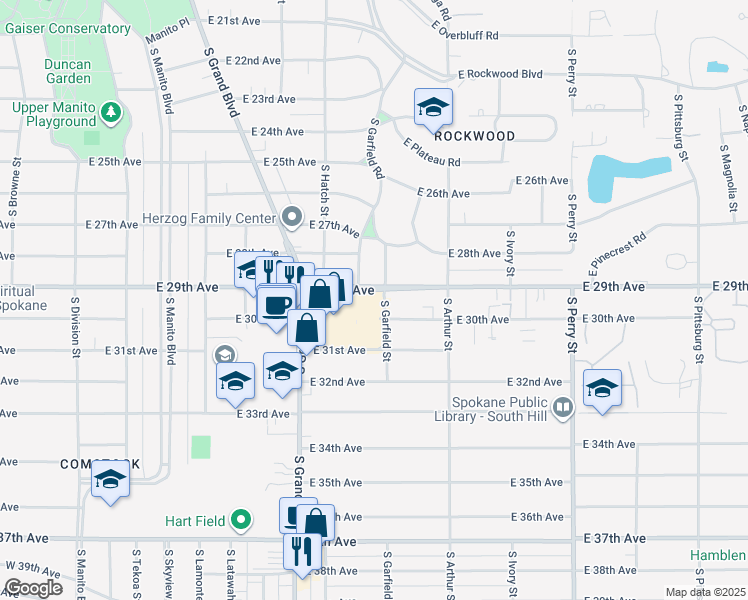 map of restaurants, bars, coffee shops, grocery stores, and more near 810 East 29th Avenue in Spokane