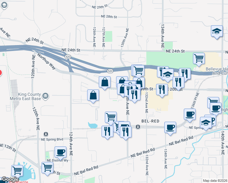 map of restaurants, bars, coffee shops, grocery stores, and more near in Bellevue