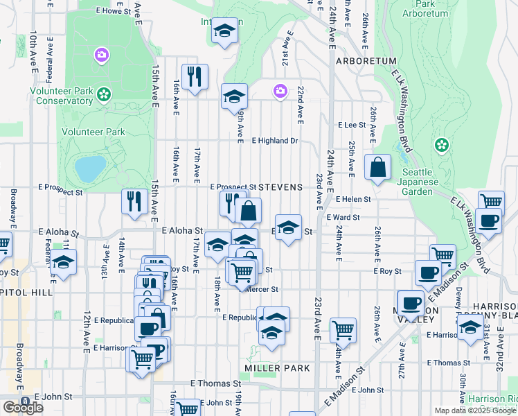 map of restaurants, bars, coffee shops, grocery stores, and more near in Seattle