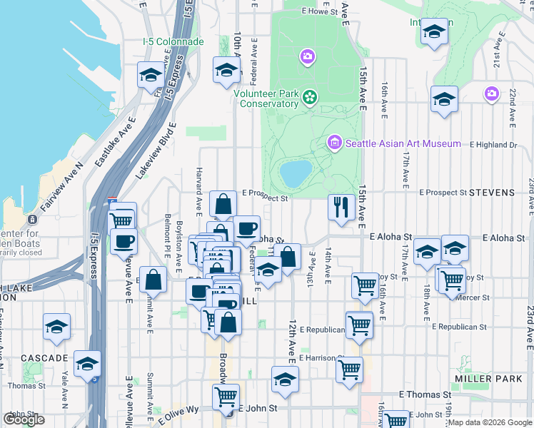 map of restaurants, bars, coffee shops, grocery stores, and more near 938 Federal Avenue East in Seattle