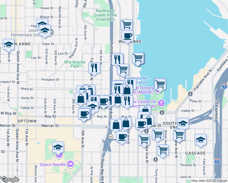 map of restaurants, bars, coffee shops, grocery stores, and more near 1000 Aurora Avenue North in Seattle