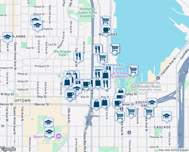 map of restaurants, bars, coffee shops, grocery stores, and more near 1000 Aurora Avenue North in Seattle