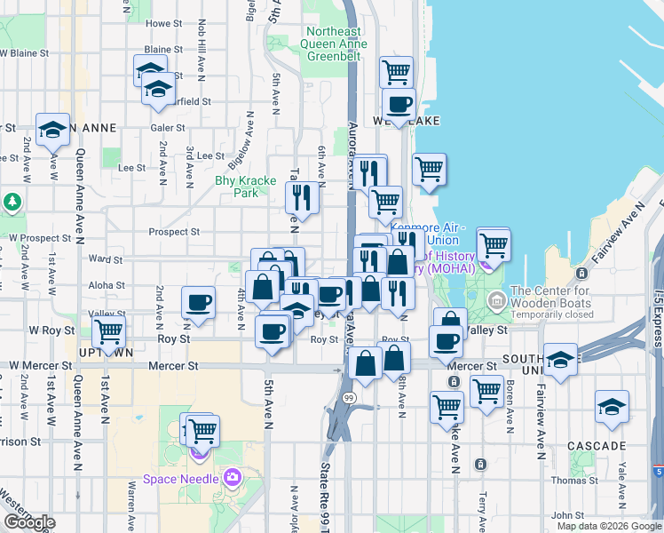 map of restaurants, bars, coffee shops, grocery stores, and more near 920 6th Avenue North in Seattle