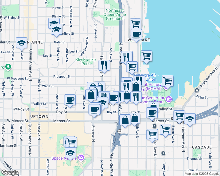 map of restaurants, bars, coffee shops, grocery stores, and more near 610 Ward Street in Seattle